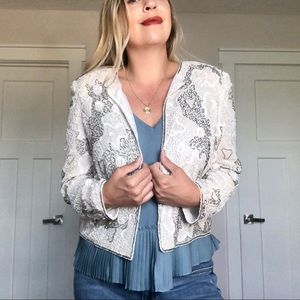 Vintage Papell White Silk Beaded Evening Jacket Oversized Blazer
